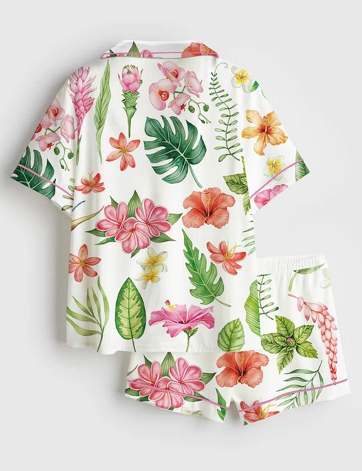 Watercolor Tropical Flower Satin Pajama Set, Hawaii Wedding Sleepwear, Short Sleeve Bride Pjs, Honeymoon Gift, Lounge Set
