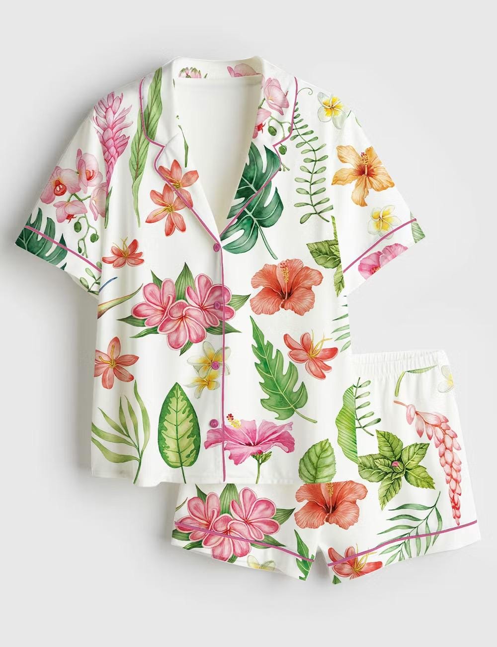 Watercolor Tropical Flower Satin Pajama Set, Hawaii Wedding Sleepwear, Short Sleeve Bride Pjs, Honeymoon Gift, Lounge Set