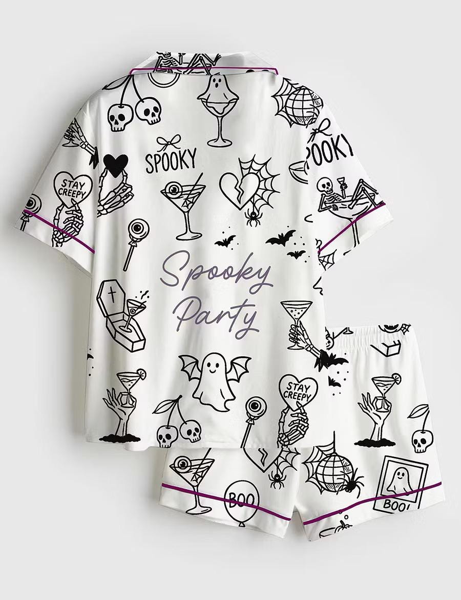 Spooky Witchy Bachelorette Pajamas, Halloween Doodle Short Sleeve Satin Pjs, Cute Bridal Party Sleepwear, Silky Bride Loungewear Gifts