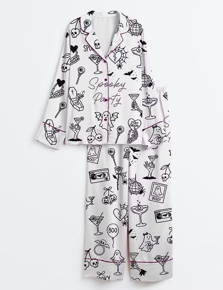 Spooky Witchy Bachelorette Pajamas, Halloween Doodle Short Sleeve Satin Pjs, Cute Bridal Party Sleepwear, Silky Bride Loungewear Gifts