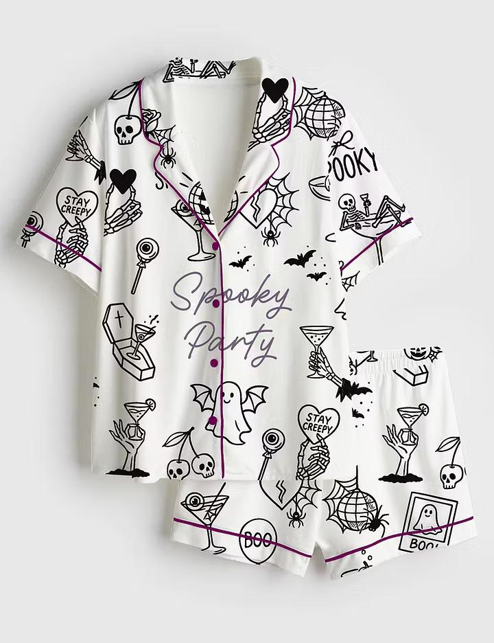 Spooky Witchy Bachelorette Pajamas, Halloween Doodle Short Sleeve Satin Pjs, Cute Bridal Party Sleepwear, Silky Bride Loungewear Gifts