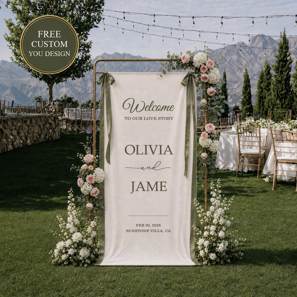 Linen Wedding Welcome Sign, Personalized Fabric Wedding Banner, Modern Ceremony Signage, Reception Decor, Engagement Party Sign