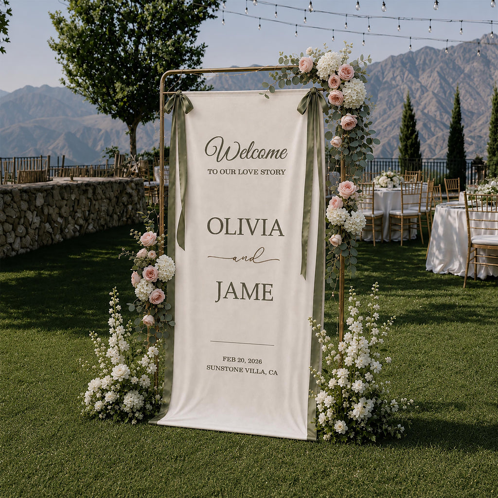 Linen Wedding Welcome Sign, Personalized Fabric Wedding Banner, Modern Ceremony Signage, Reception Decor, Engagement Party Sign