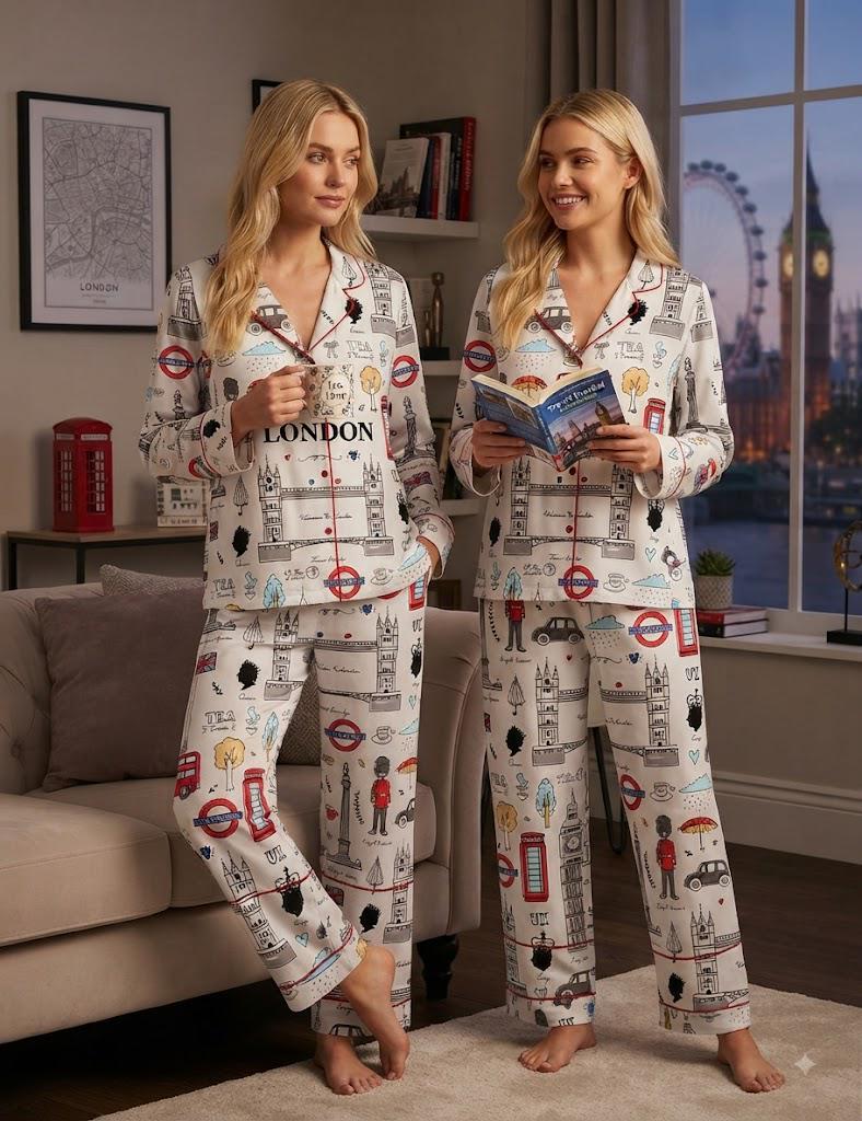 London Printed Pajama Set – Vacation Loungewear, British Bridal Party PJs – Travel Souvenir Nightwear