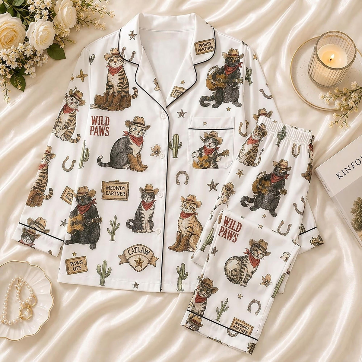 Cowboy Cat Pajama Set, Retro Western Kitty Sleepwear, Funny Wild West Animal Gift for Women Girls