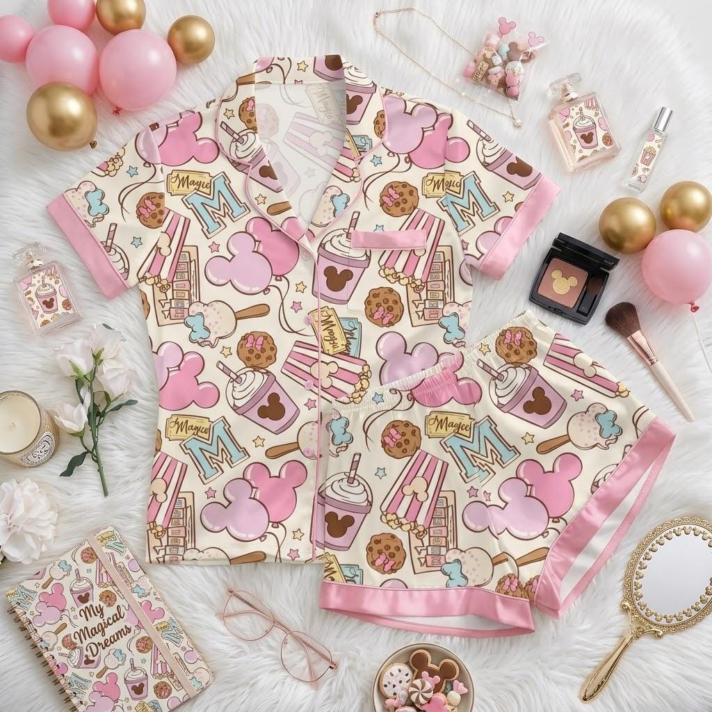 Sweet Treats Meet Disney Magic, Mickey Inspired Pajamas With Snacks And Drinks, Whimsical Nightwear, Cozy Bedtime Look