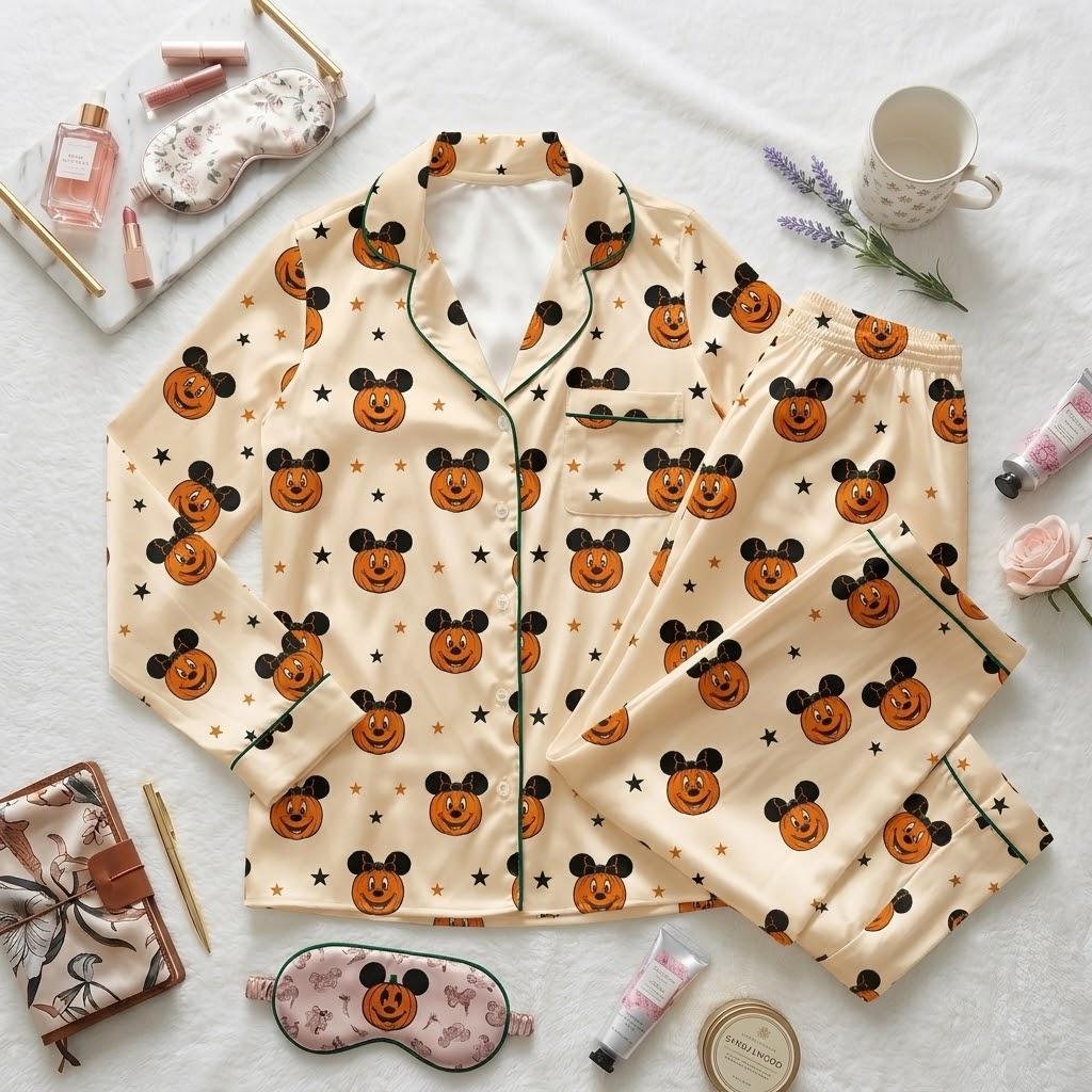 Pumpkin Faces And Mickey Mouse Make Bedtime Festive, Disney Halloween Pajamas, Character Nightwear, Autumn Sleep Outfit