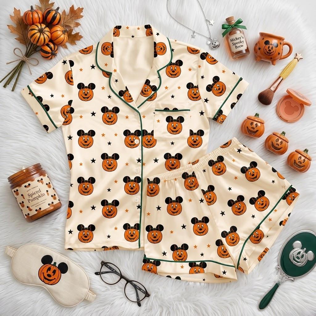 Pumpkin Faces And Mickey Mouse Make Bedtime Festive, Disney Halloween Pajamas, Character Nightwear, Autumn Sleep Outfit