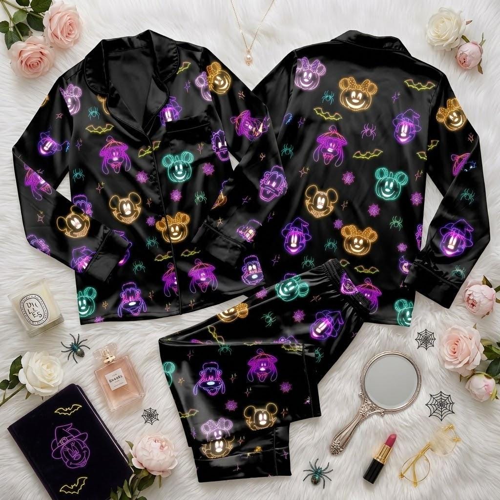 Mickey Mouse Lights Up Halloween Nights, Disney Character Pajamas, Neon Inspired Sleepwear, Spooky Season Night Outfit