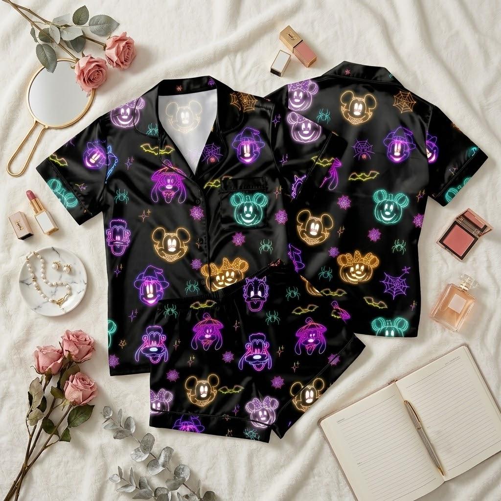 Mickey Mouse Lights Up Halloween Nights, Disney Character Pajamas, Neon Inspired Sleepwear, Spooky Season Night Outfit