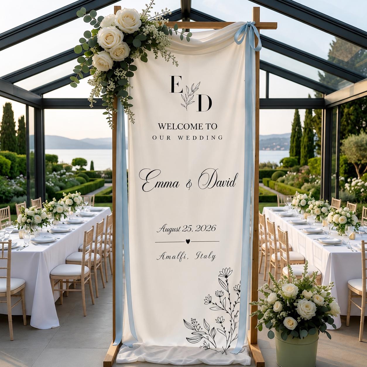 Fabric Wedding Welcome Sign, Personalized Linen Wedding Banner, Custom Name Date Ceremony Sign, Modern Boho Reception Backdrop