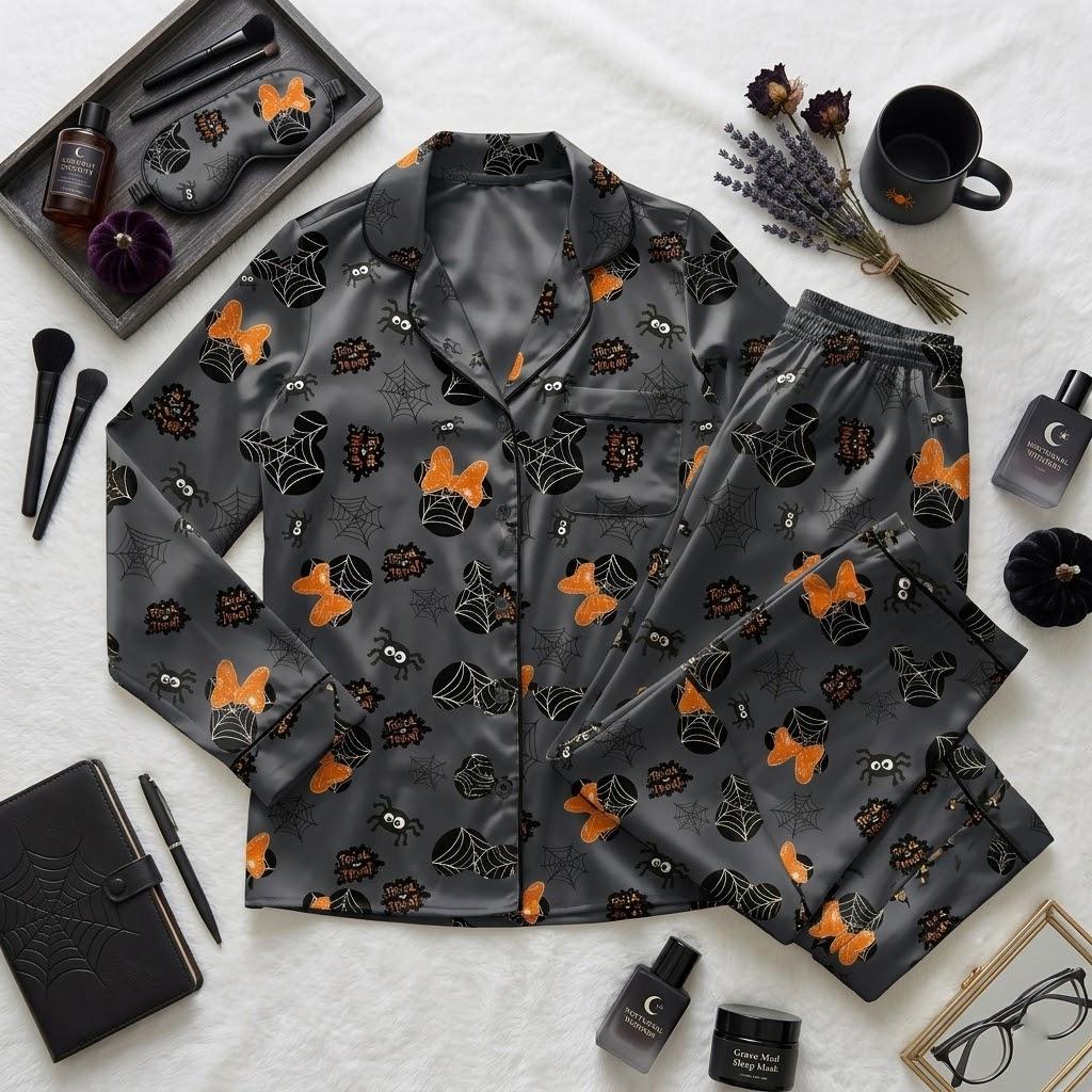 Mickey Minnie Halloween Pajamas From Disney, Spider Web Mouse Characters, Spooky Season Nightwear, Cute Pumpkin Night Outfit