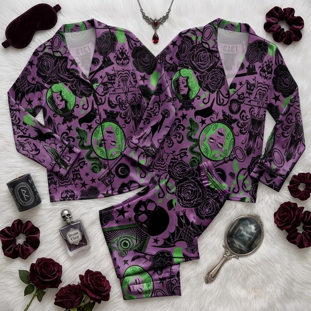 Uncover A Purple Mystery Inside Disney Haunted Mansion, Ghostly Character Pajamas, Elegant Spooky Nightwear, Halloween Sleepwear For Fans