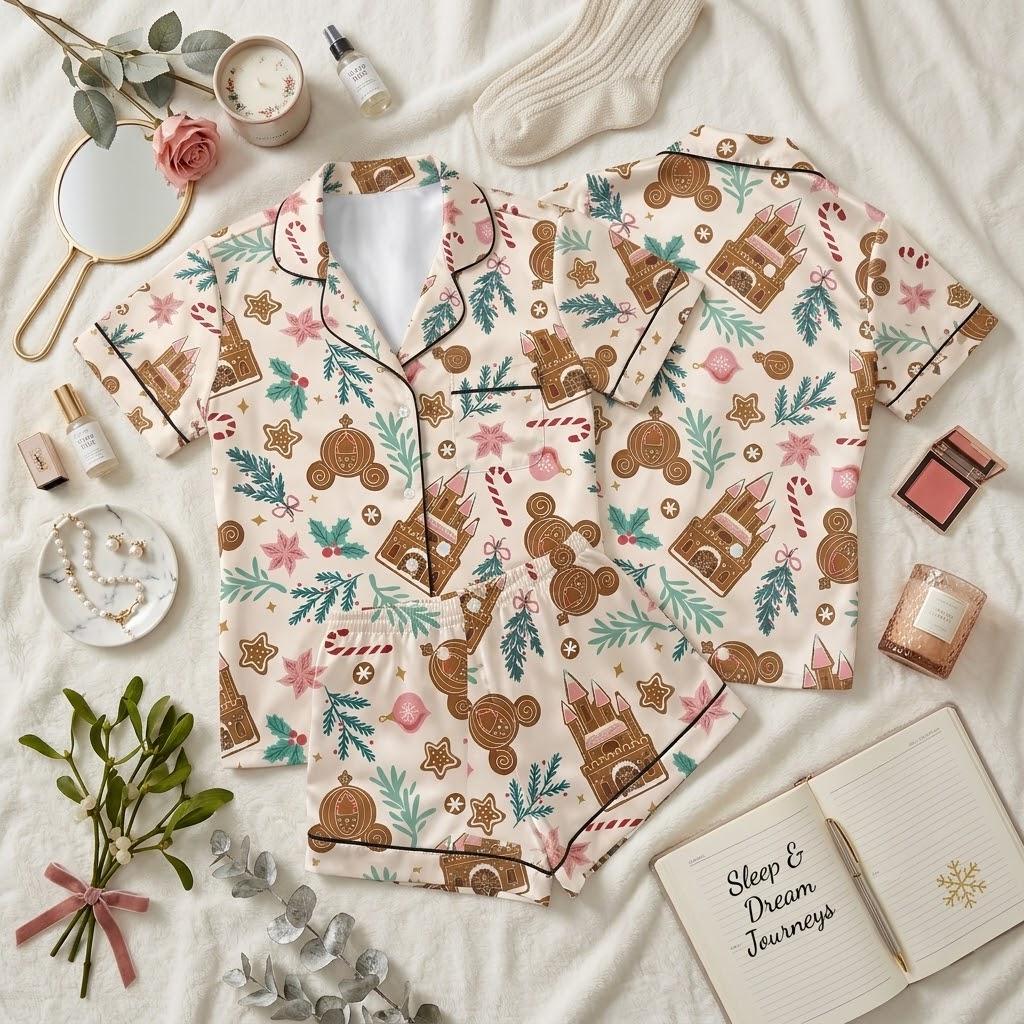 Disney Mickey Head Meets A Gingerbread Christmas Castle, Holiday Pajamas, Magical Mouse Nightwear, Sweet Festive Sleep Outfit