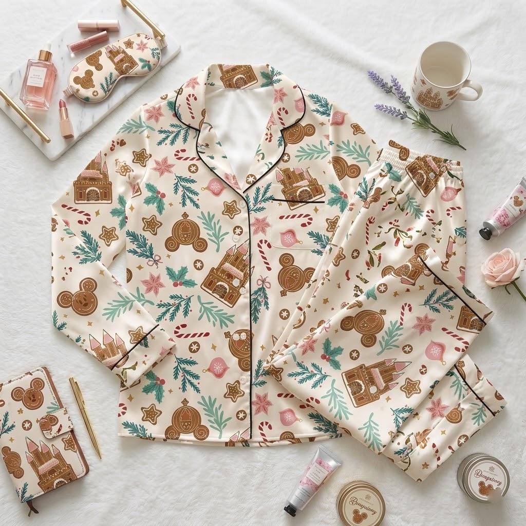 Disney Mickey Head Meets A Gingerbread Christmas Castle, Holiday Pajamas, Magical Mouse Nightwear, Sweet Festive Sleep Outfit