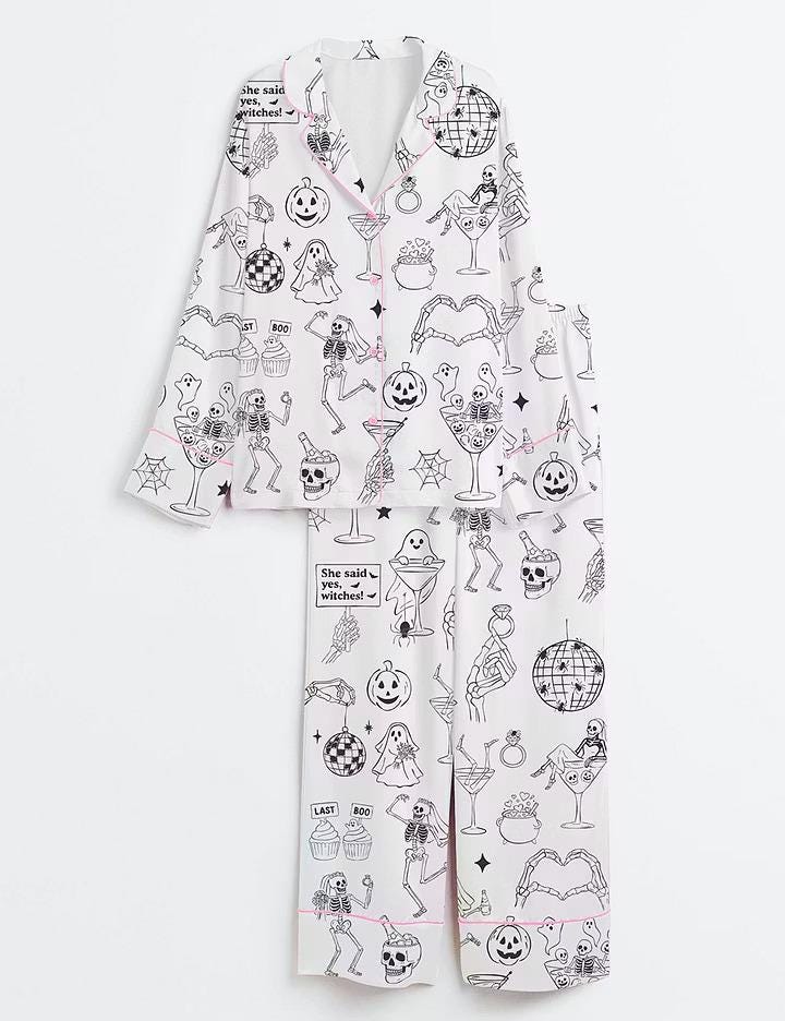 Spooky Bachelorette Pajamas, Til Death Do Us Part Short Sleeve Satin Pjs, Halloween Wedding Party Sleepwear, Whimsical Bridal Lounge Gifts