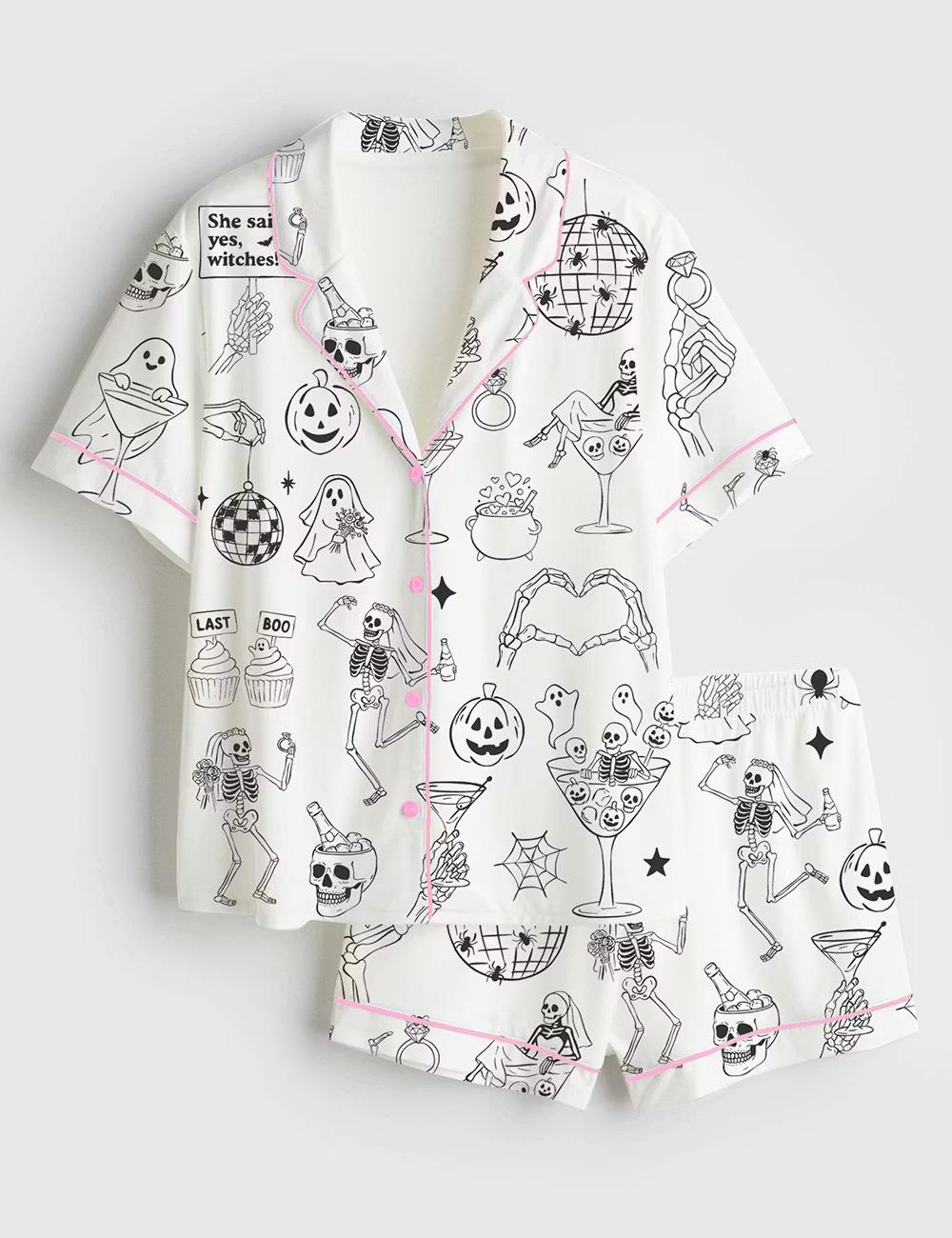 Spooky Bachelorette Pajamas, Til Death Do Us Part Short Sleeve Satin Pjs, Halloween Wedding Party Sleepwear, Whimsical Bridal Lounge Gifts