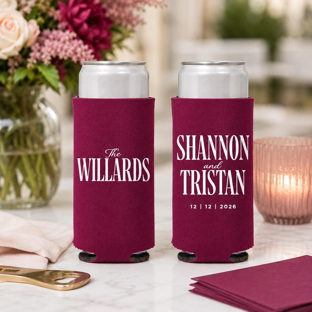 Custom Wedding Slim Can Coolers Personalized Wedding Favor Skinny Can Holder Reception Party Beverage Sleeve