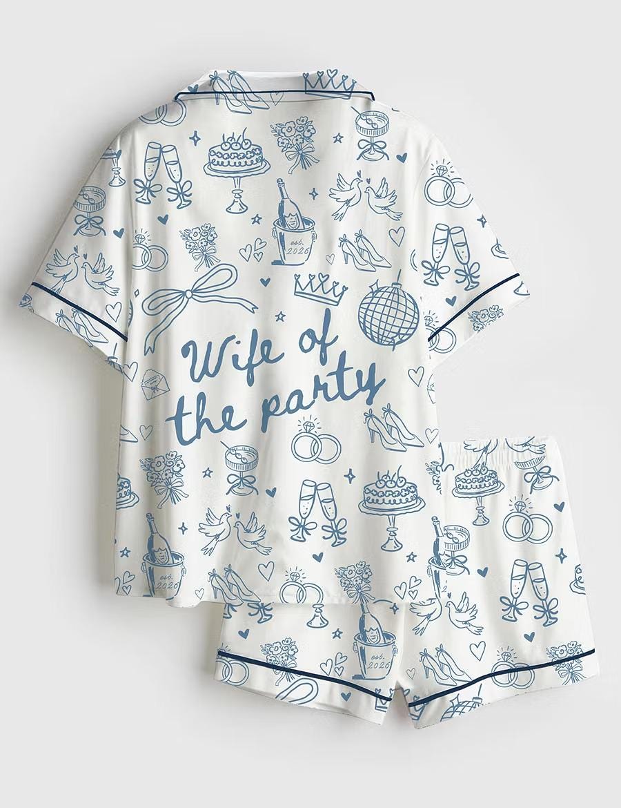Wife Of The Party Pajamas, Bachelorette Short Sleeve Satin Pjs, Cute Bridal Wedding Party Sleepwear, Silky Bride Loungewear Gift Her