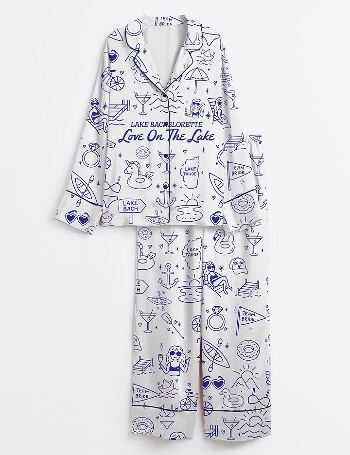 Lake Bachelorette Pajamas Satin, Cute Lake Life Short Sleeve Satin Pjs, Whimsical Love Sleepwear, Silky Bride Party Loungewear Gift Her