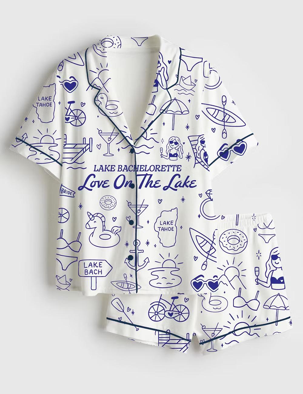 Lake Bachelorette Pajamas Satin, Cute Lake Life Short Sleeve Satin Pjs, Whimsical Love Sleepwear, Silky Bride Party Loungewear Gift Her
