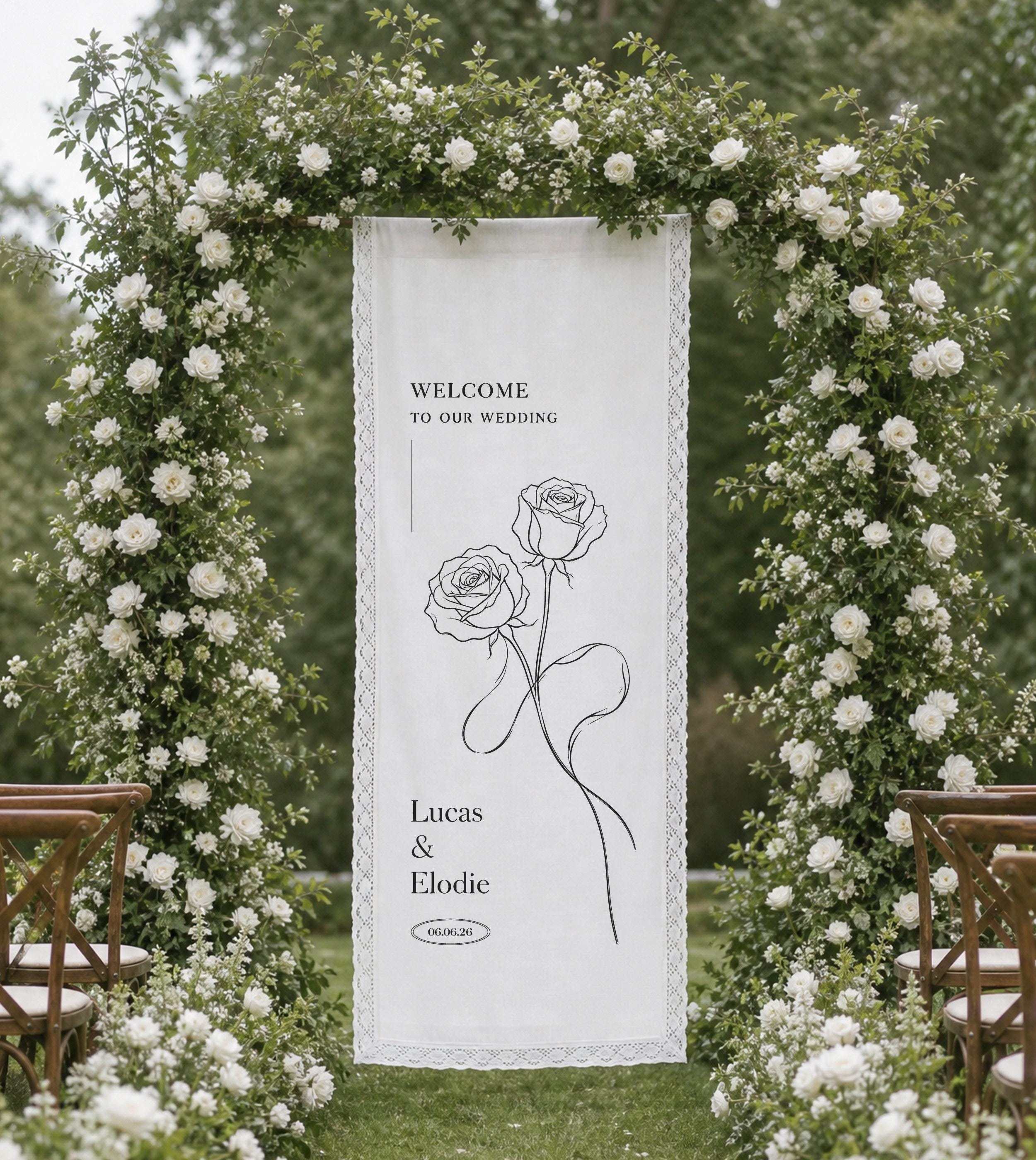 Personalized Marriage Logo Entrance Display | Lace Cotton Linen Wedding Welcome Sign | Boho Hanging Backdrop
