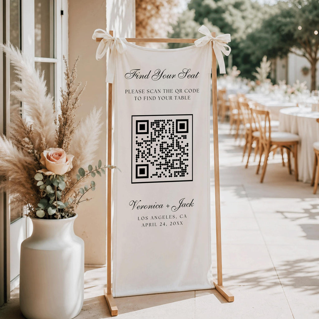 Find Your Seat Linen Wedding Banner, Custom QR Code Wedding Welcome Sign, Seating Chart Fabric Reception Decor, Our Favorite People Tapestry