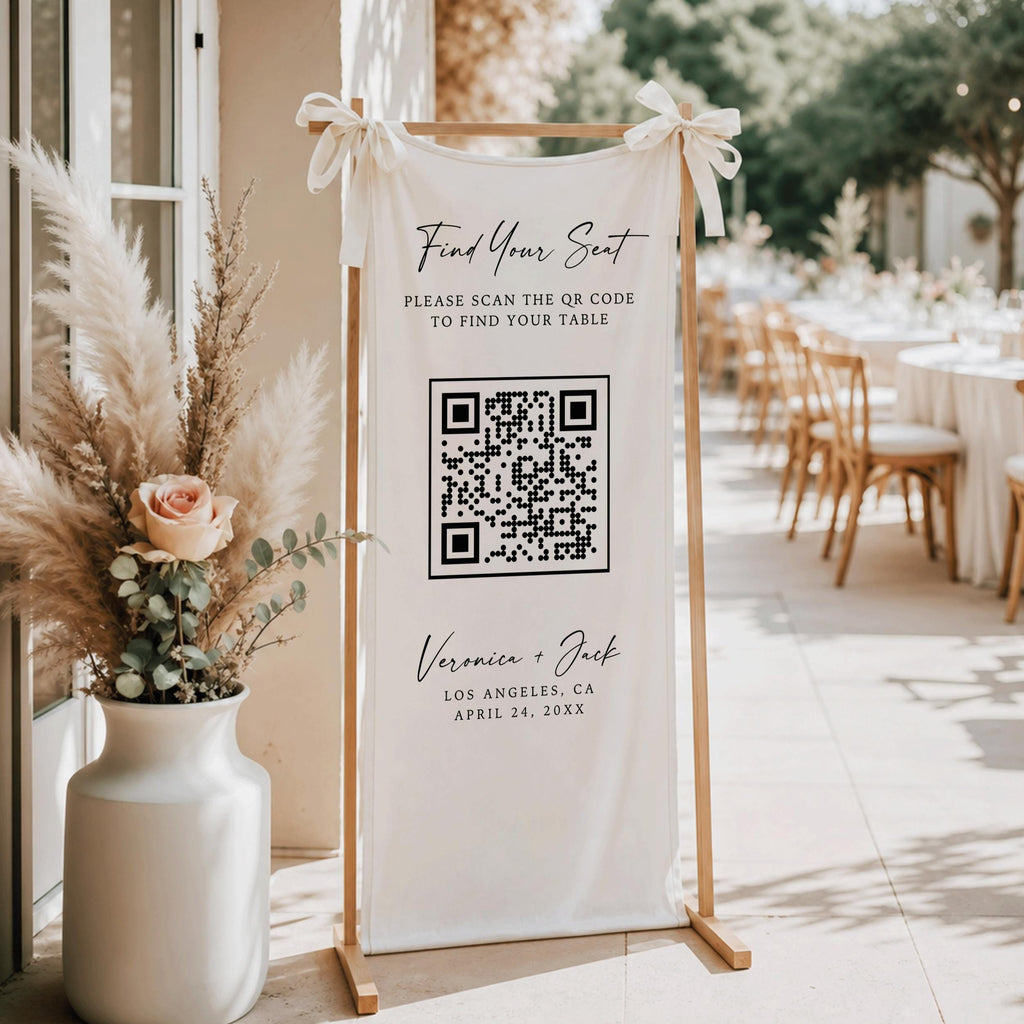 Custom QR Code Wedding Banner, Personalized Find Your Seat Seating Chart Sign, Rustic Reception Guest List Decor, Linen Fabric Welcome Sign