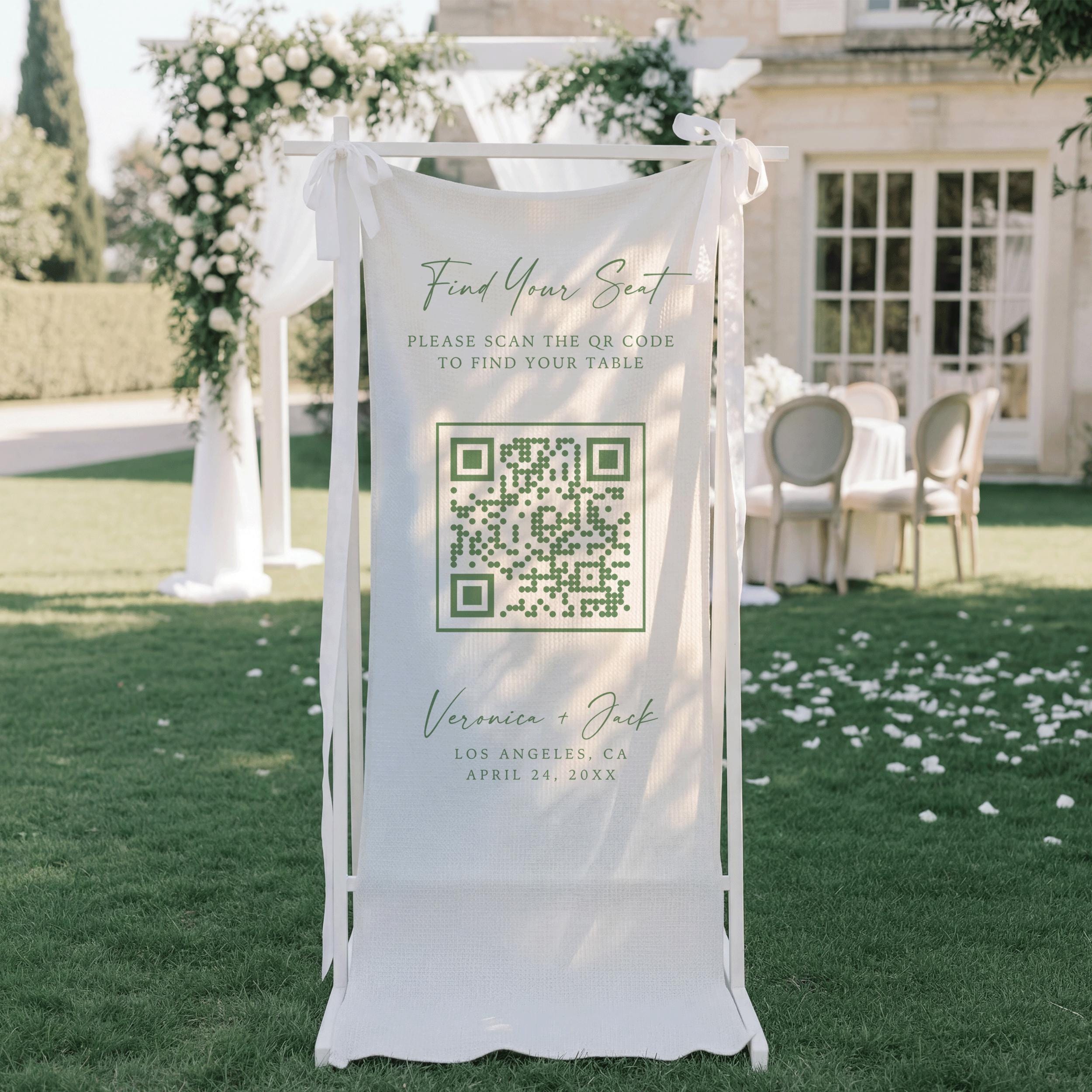 Custom QR Code Wedding Banner, Personalized Find Your Seat Seating Chart Sign, Rustic Reception Guest List Decor, Linen Fabric Welcome Sign