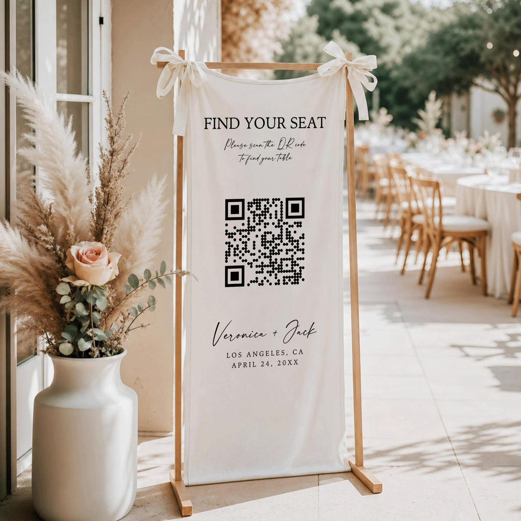 QR Code Seating Chart Wedding Banner, Linen Find Your Seat Welcome Sign, Custom Fabric Reception Table Decor, Wedding Guest List Tapestry