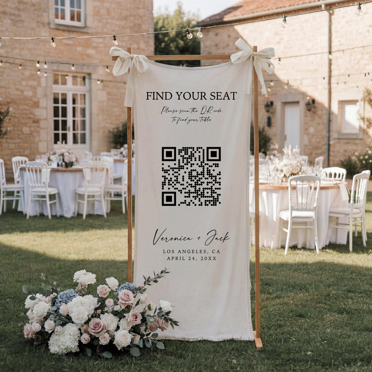 QR Code Seating Chart Wedding Banner, Linen Find Your Seat Welcome Sign, Custom Fabric Reception Table Decor, Wedding Guest List Tapestry