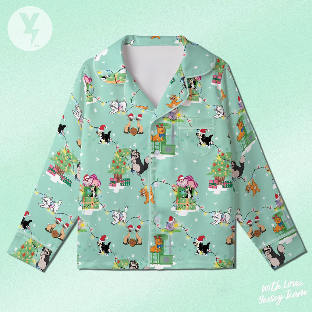 Disney Cats Xmas Satin Short Pajamas, Disney Xmas Sleepwear, The Aristocats Marie Cheshire Lucifer cat Si and Am, Cat Lover Christmas Gift