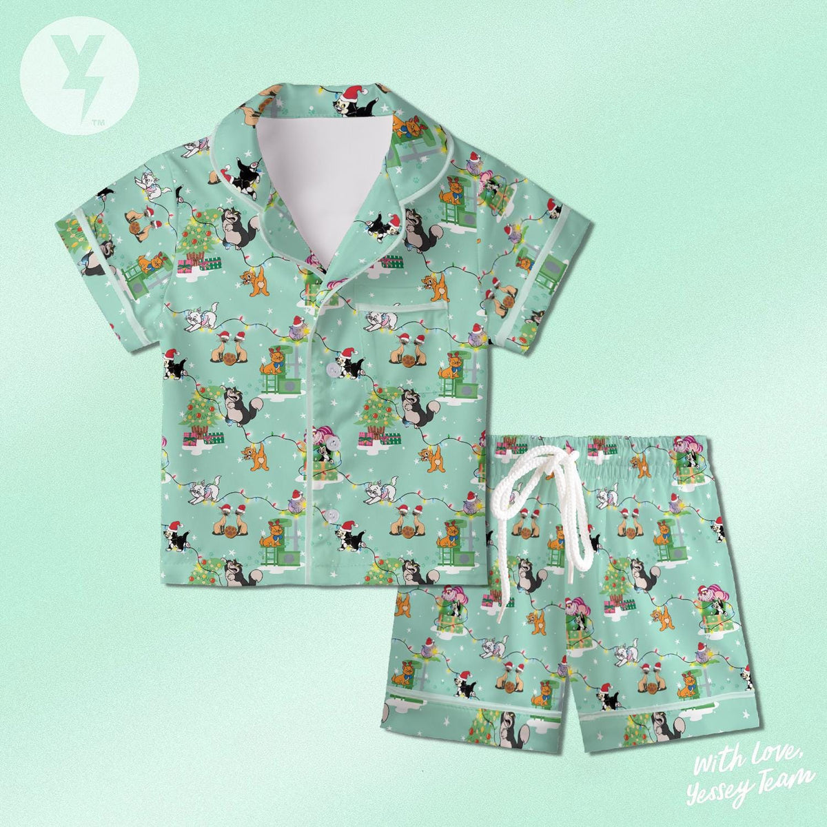 Disney Cats Xmas Satin Short Pajamas, Disney Xmas Sleepwear, The Aristocats Marie Cheshire Lucifer cat Si and Am, Cat Lover Christmas Gift