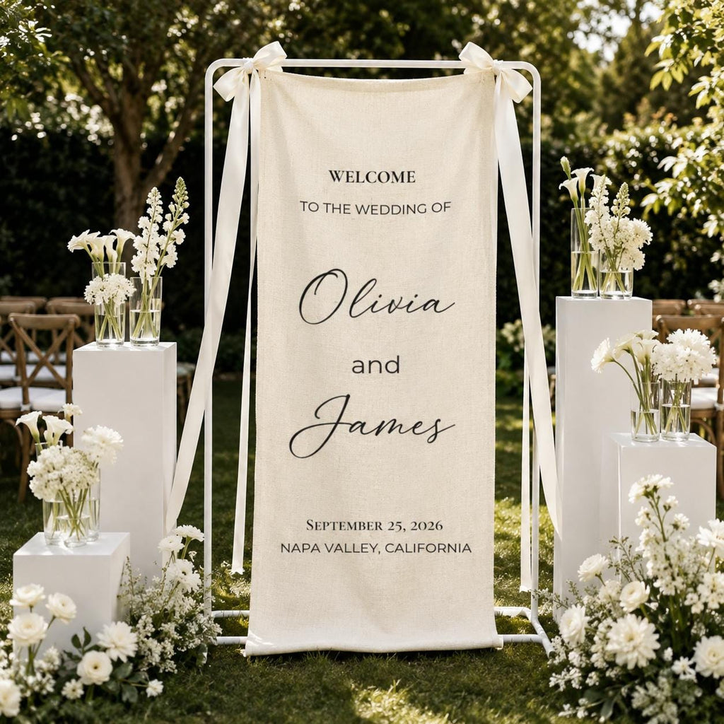 Personalized Wedding Welcome Sign, Custom Linen Wedding Banner, Name & Date Ceremony Sign, Elegant Wedding Entrance Decor