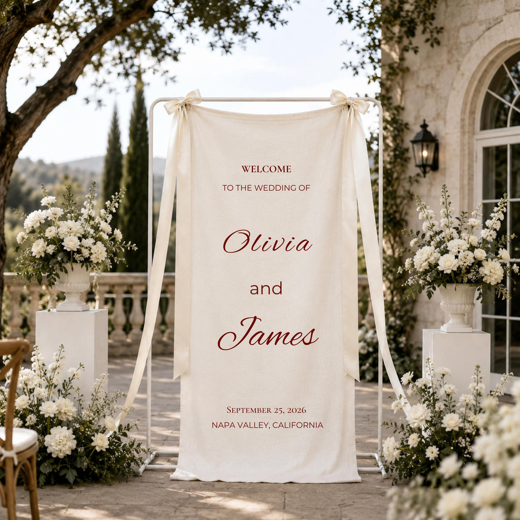 Personalized Wedding Welcome Sign, Custom Linen Wedding Banner, Name & Date Ceremony Sign, Elegant Wedding Entrance Decor