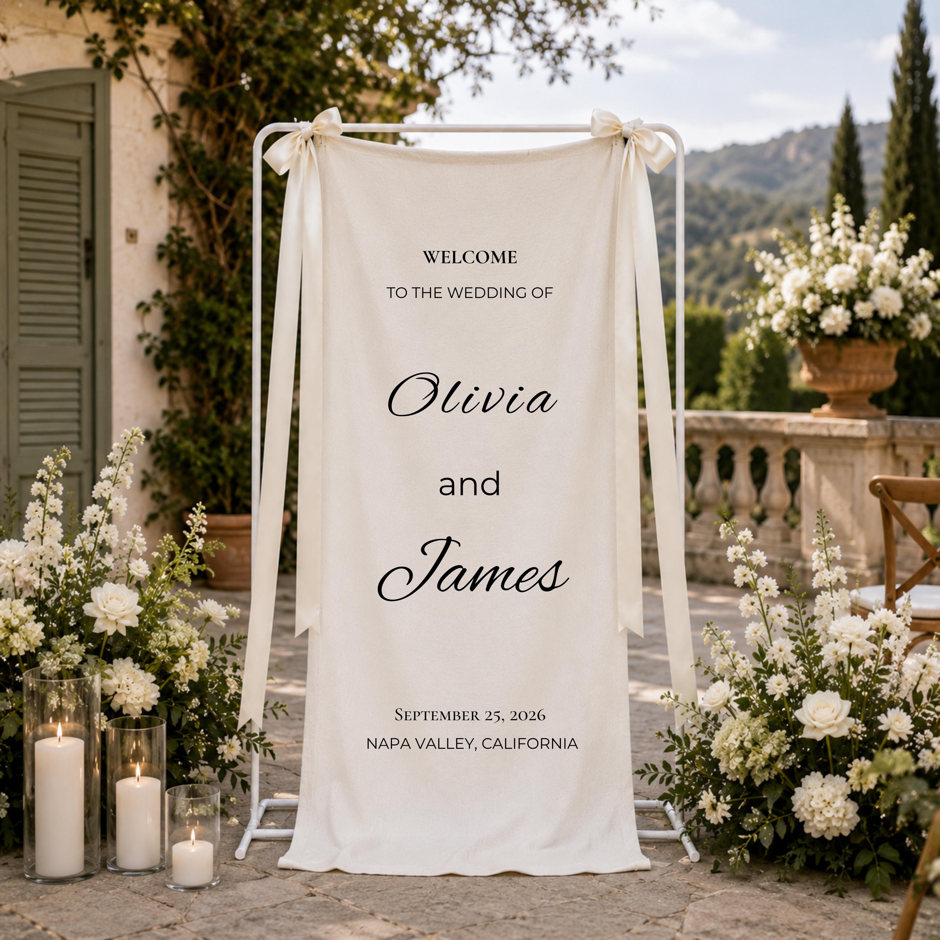 Personalized Wedding Welcome Sign, Custom Linen Wedding Banner, Name & Date Ceremony Sign, Elegant Wedding Entrance Decor
