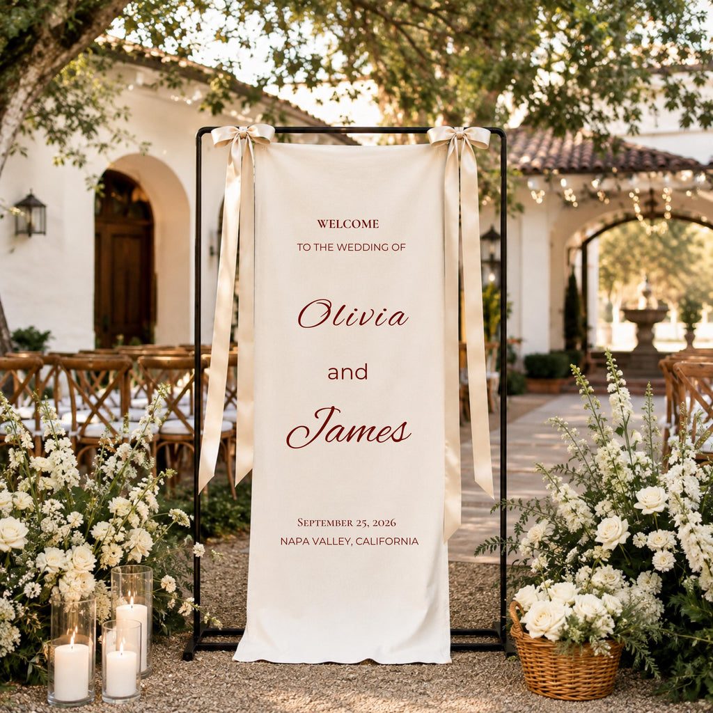 Personalized Wedding Welcome Sign, Custom Linen Wedding Banner, Name & Date Ceremony Sign, Elegant Wedding Entrance Decor