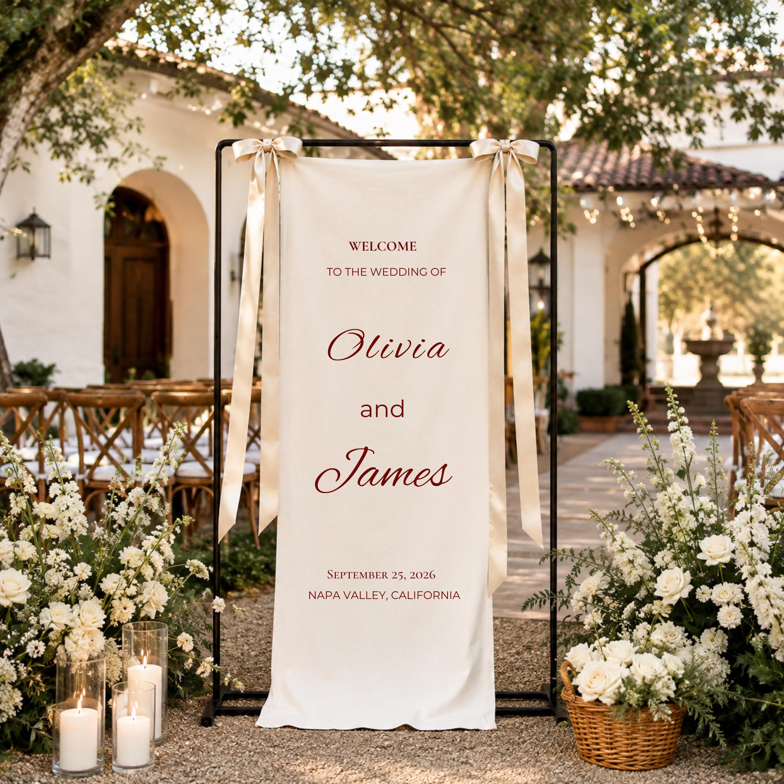 Personalized Wedding Welcome Sign, Custom Linen Wedding Banner, Name & Date Ceremony Sign, Elegant Wedding Entrance Decor
