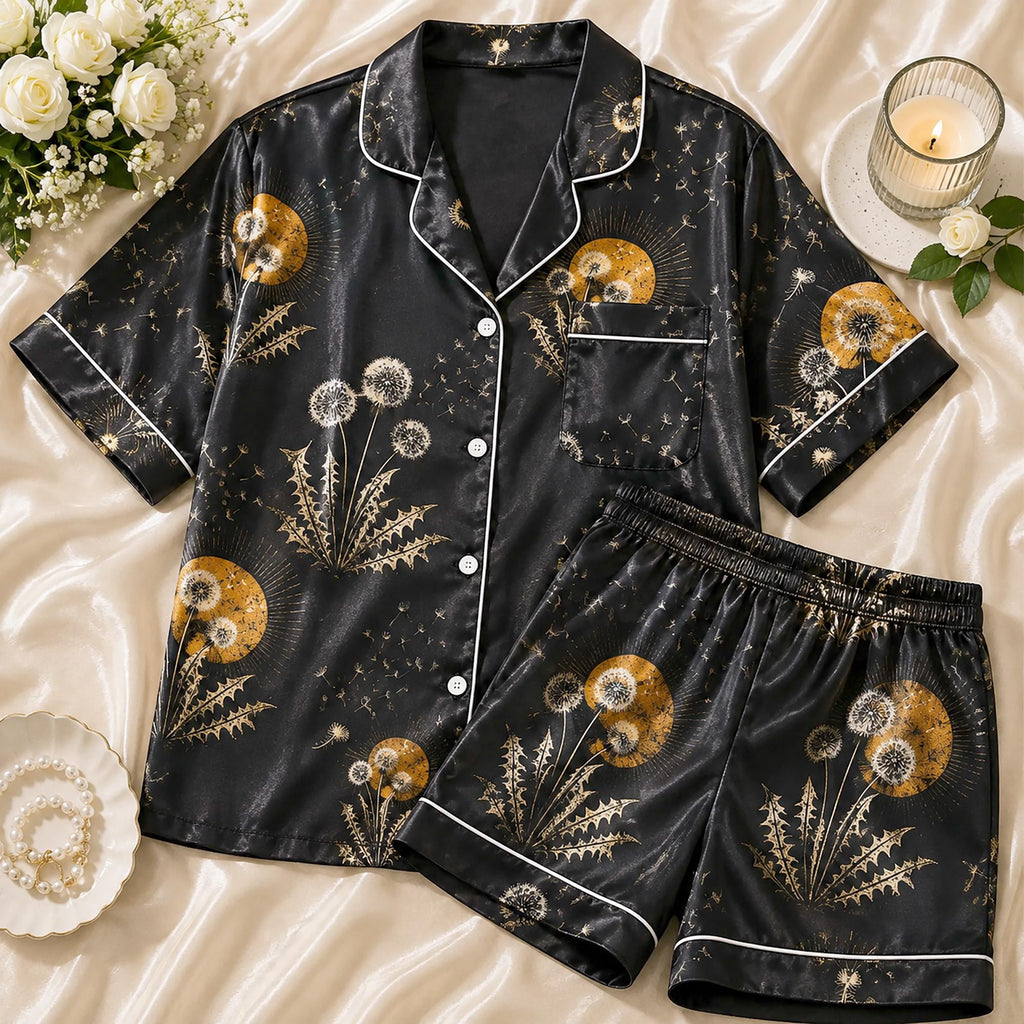Celestial Dandelion Pajamas, Golden Sun Boho Sleepwear Sets, Aesthetic Black Satin Loungewear Autumn PJs Gifts