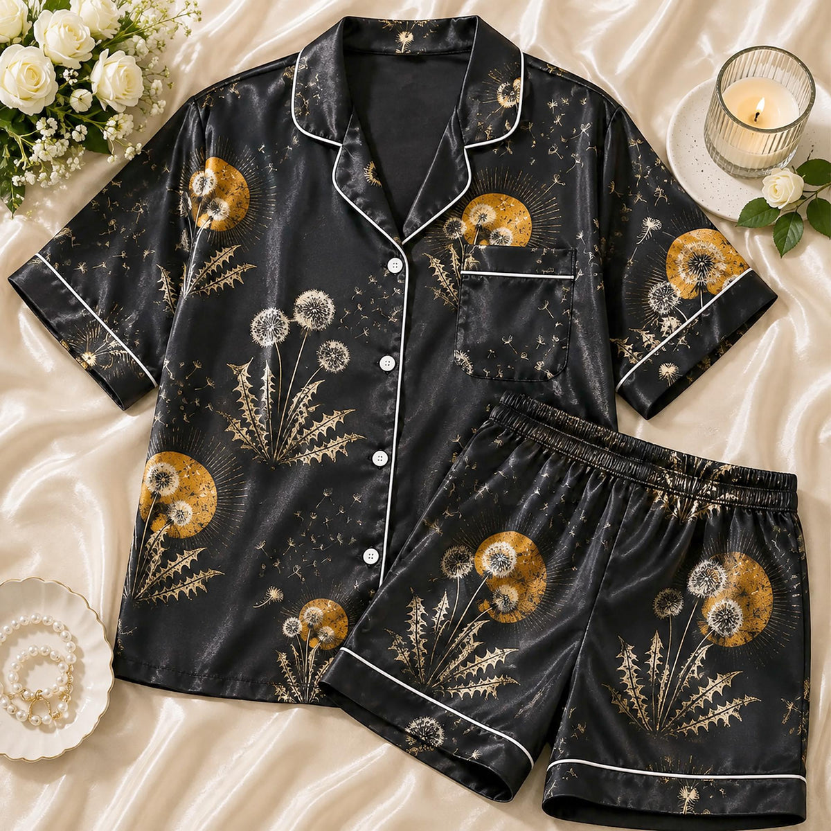 Celestial Dandelion Pajamas, Golden Sun Boho Sleepwear Sets, Aesthetic Black Satin Loungewear Autumn PJs Gifts
