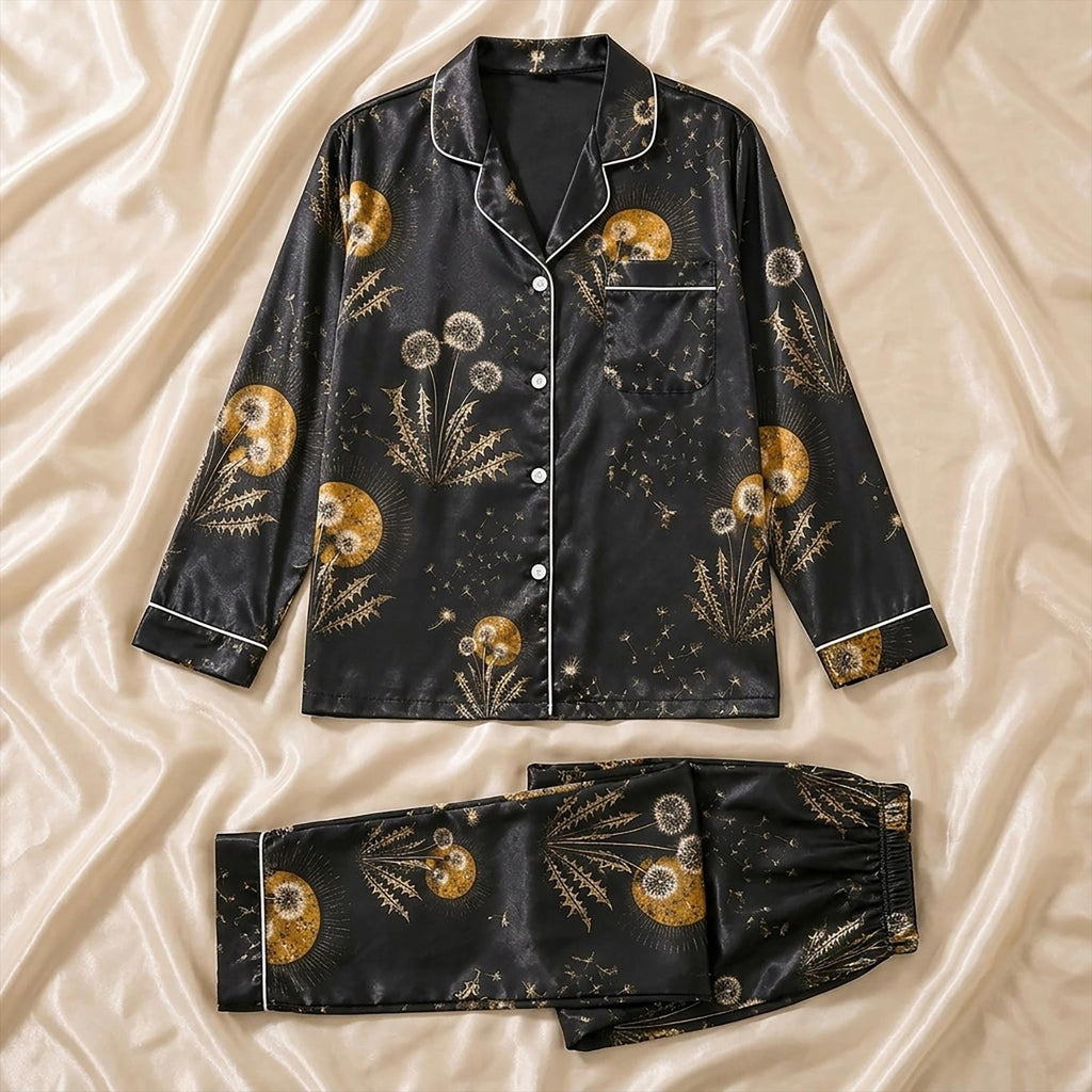 Celestial Dandelion Pajamas, Golden Sun Boho Sleepwear Sets, Aesthetic Black Satin Loungewear Autumn PJs Gifts