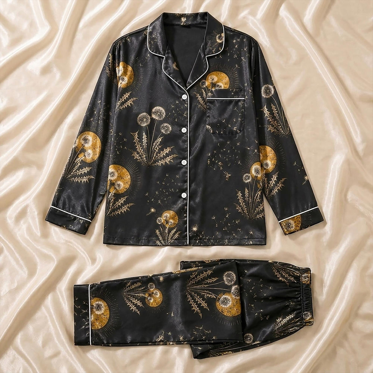 Celestial Dandelion Pajamas, Golden Sun Boho Sleepwear Sets, Aesthetic Black Satin Loungewear Autumn PJs Gifts