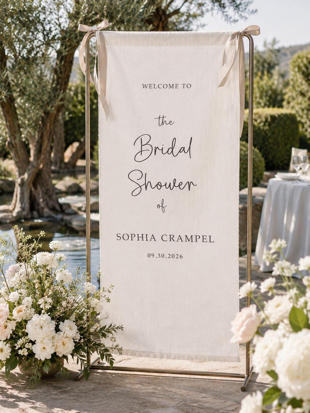 Personalized Fabric Bridal Shower Welcome Sign, Custom Linen Banner with Ribbon, Bride Name and Date Garden Party Entrance Decor