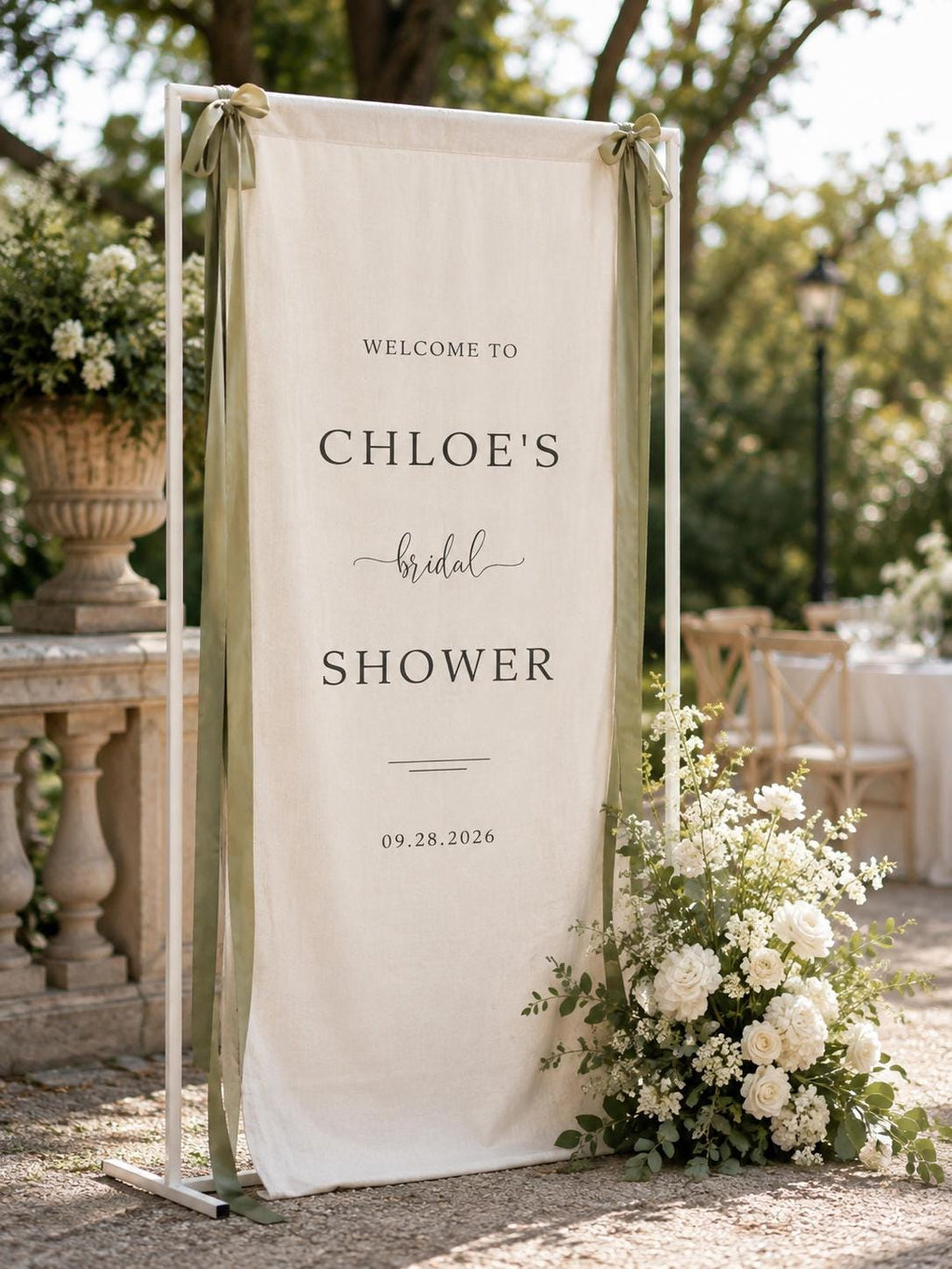 Personalized Fabric Bridal Shower Welcome Sign, Custom Linen Banner with Ribbon, Bride Name and Date Garden Party Entrance Decor