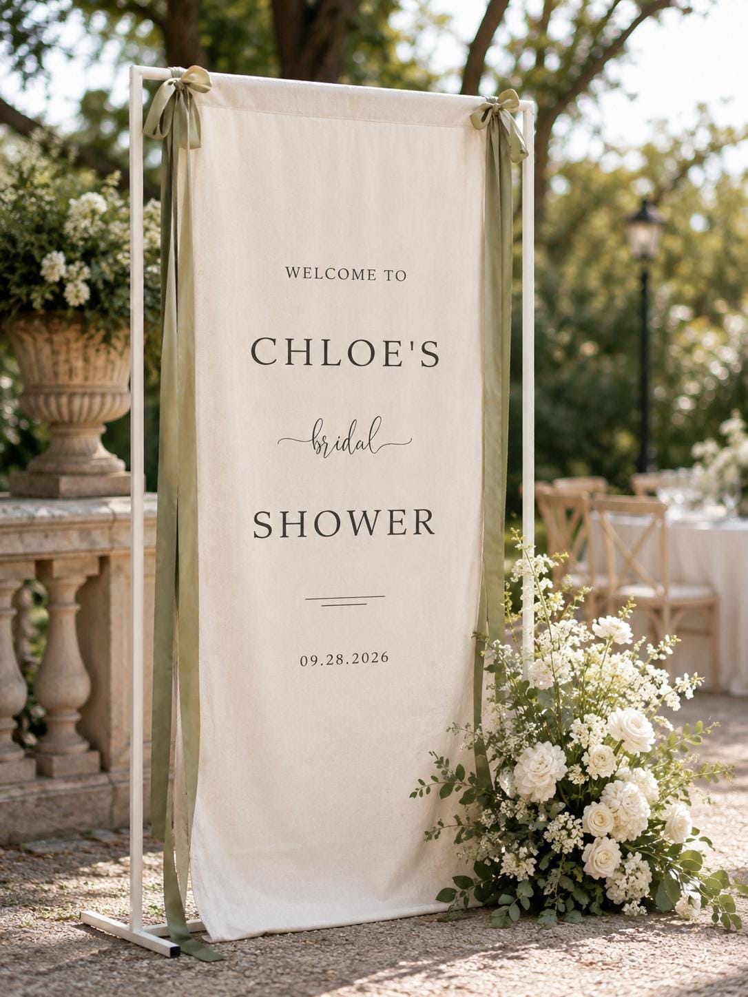 Personalized Fabric Bridal Shower Welcome Sign, Custom Linen Banner with Ribbon, Bride Name and Date Garden Party Entrance Decor