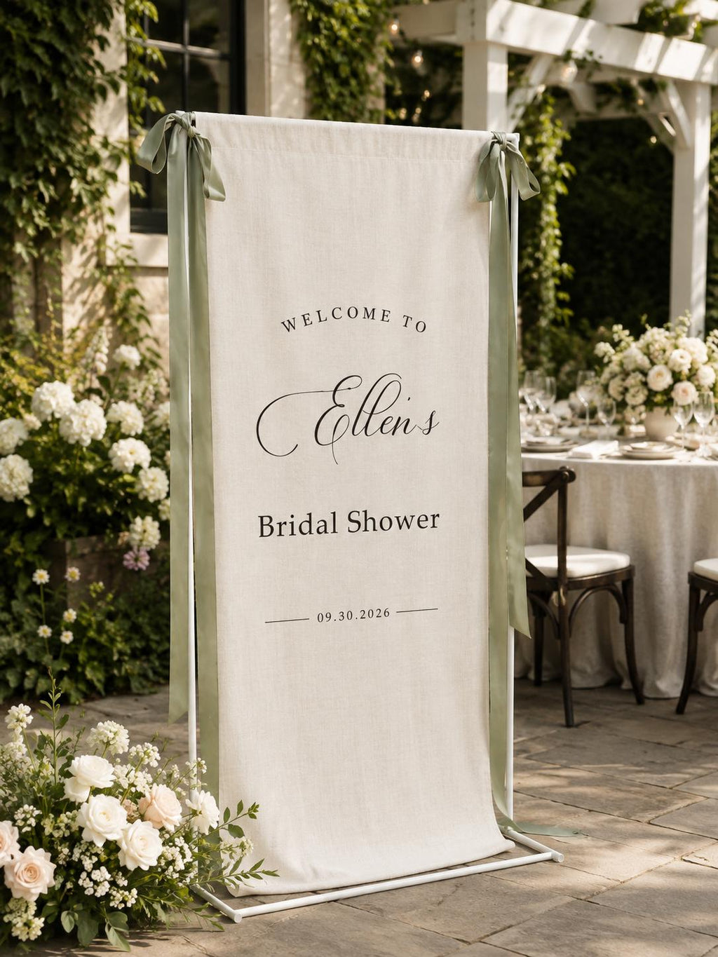 Personalized Fabric Bridal Shower Welcome Sign, Custom Linen Banner with Ribbon, Bride Name and Date Garden Party Entrance Decor