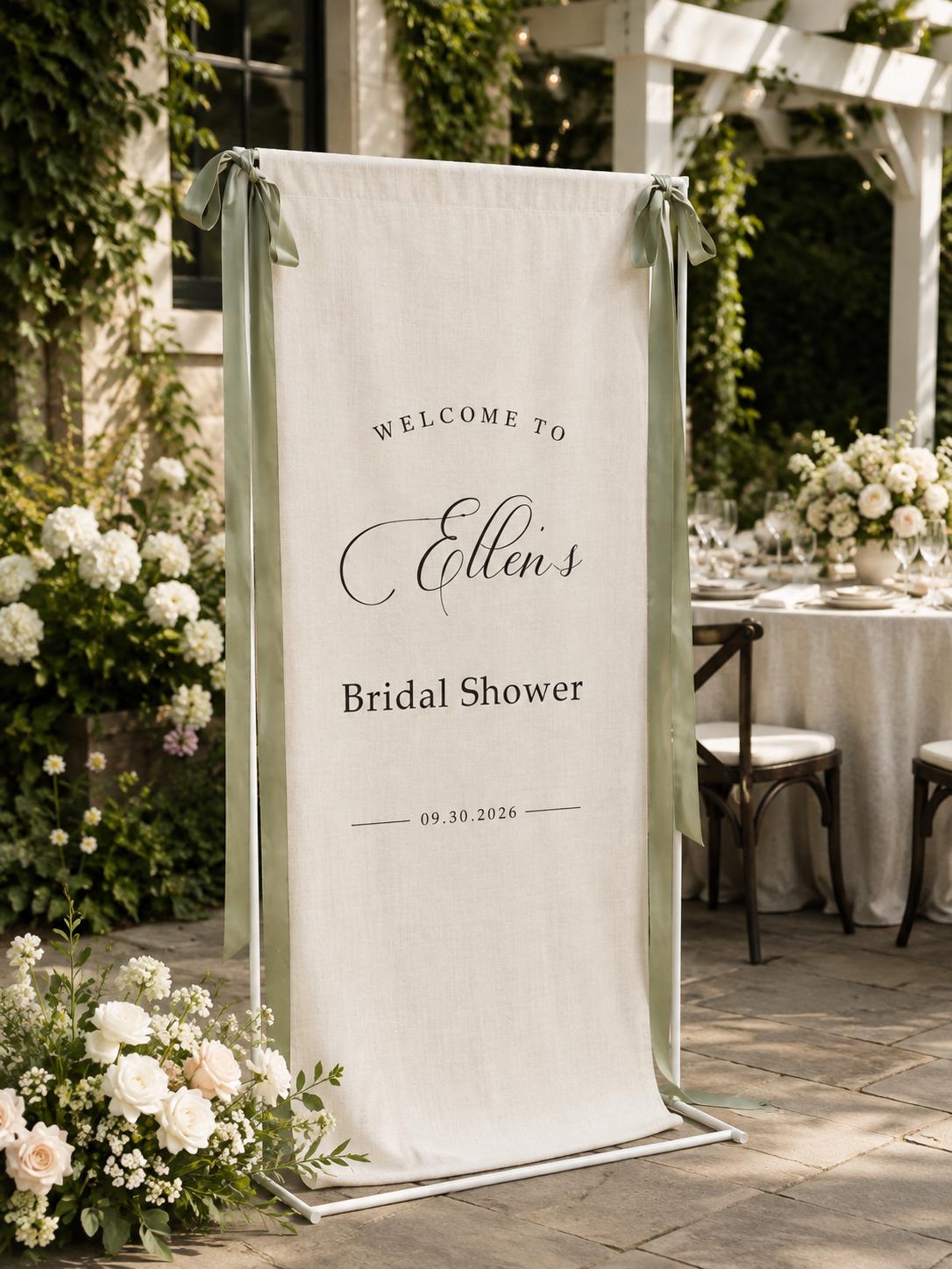 Personalized Fabric Bridal Shower Welcome Sign, Custom Linen Banner with Ribbon, Bride Name and Date Garden Party Entrance Decor
