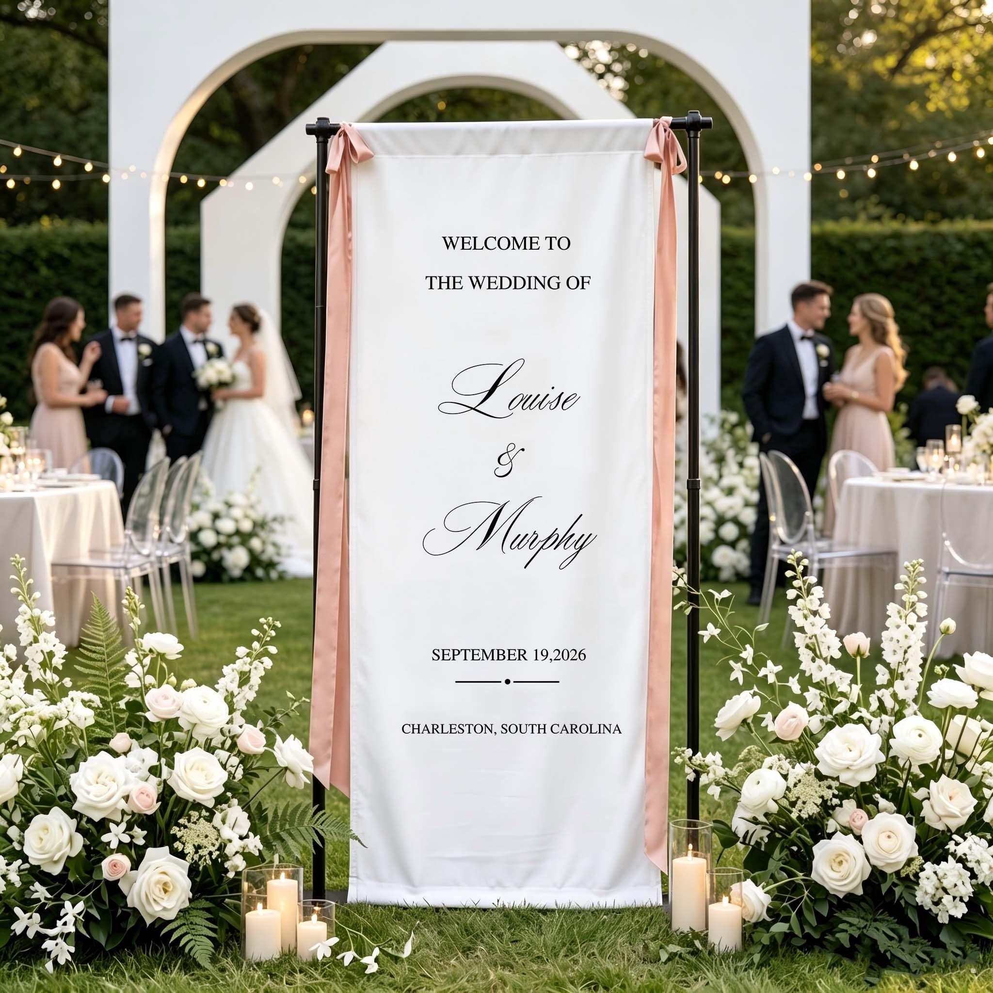 Personalized Linen Wedding Welcome Sign, Custom Fabric Banner, Bridal Showers & Special Events, Anniversary Banner, Boho Wedding Decor