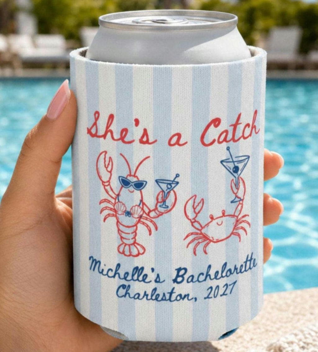 She's a Catch Coastal Bach Party Favor,Custom Bachelorette Can Cooler,Personalized Lobster Beach Bachelorette Drink Sleeve