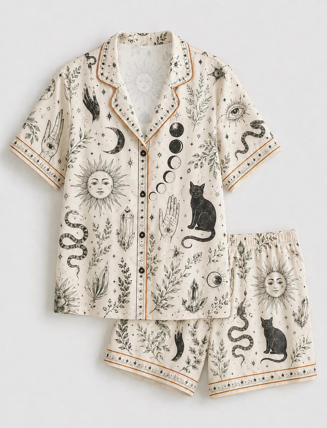Witchy Pajama Set for Women, Celestial Occult Print Satin PJs, Black Cat Moon Sleepwear, Mystic Gothic Lounge Set Gift